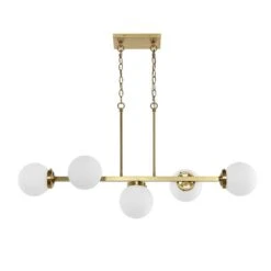 5-Light Brass Modern Chandelier, Sputnik Pedant Light Fixture With Large Opal White Glass Globe Shade