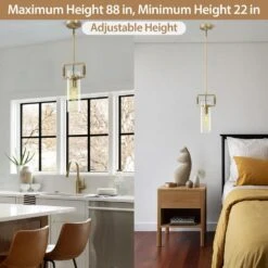 1-Light Dimmable LED Brass Glass Kitchen Island Pendant Light For Living Room, Bedroom, Entryway, Dining Room, Foyer -Lamp Parts brass puyrnf pendant lights yhfk100gddb 44 1000
