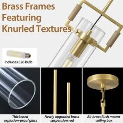 1-Light Dimmable LED Brass Glass Kitchen Island Pendant Light For Living Room, Bedroom, Entryway, Dining Room, Foyer -Lamp Parts brass puyrnf pendant lights yhfk100gddb 4f 1000