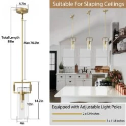 1-Light Dimmable LED Brass Glass Kitchen Island Pendant Light For Living Room, Bedroom, Entryway, Dining Room, Foyer -Lamp Parts brass puyrnf pendant lights yhfk100gddb c3 1000