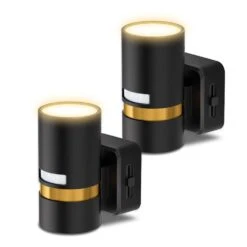 1W Plug-in Metal Gold Motion Sensor Night Light Modern Black Cylindrical Design Warm Wall Light 2 Pcs