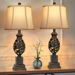 Vintage 28 In. H Bronze Table Lamps, Bedside Lamps With Nightlight For Business And Home Use, Faux Silk (2-Pack)