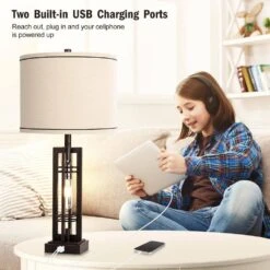27.5 In. Bronze Farmhouse Table Lamps Set Of 2 With USB C And A Ports, Black Industrial End Table Lamp For Living Room -Lamp Parts bronze ltemziiy table lamps ts018 4f 1000