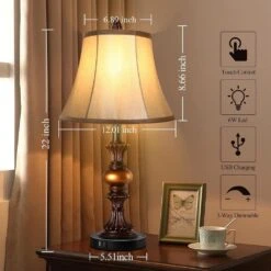 22 In. Vintage Bedside Lamps With Dual USB Charging Ports, 3-Way Dimmable Bronze Finish With Bell Shape Faux Silk -Lamp Parts bronze rottogoon table lamps palp030am2 c3 1000