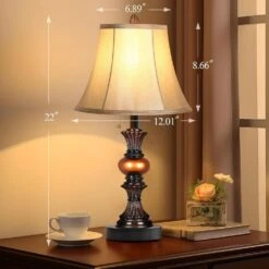 22 In. Vintage Bedside Lamps With Dual USB, 3-Way Dimmable Bronze Finish With Bell Shape Faux Silk -Lamp Parts bronze rottogoon table lamps palp030bm2 1d 1000