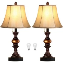 22 In. Vintage Bedside Lamps With Dual USB, 3-Way Dimmable Bronze Finish With Bell Shape Faux Silk