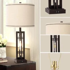 Set Of 2 Industrial 27.5 In. H Bronze Farmhouse Table Lamps With USB C+A Charge Ports Bedside Lamps W/White Fabric Shade -Lamp Parts bronze table lamps tzt3146 p370 44 1000