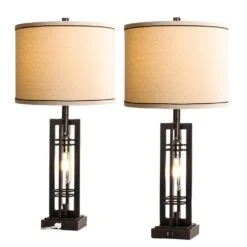 Set Of 2 Industrial 27.5 In. H Bronze Farmhouse Table Lamps With USB C+A Charge Ports Bedside Lamps W/White Fabric Shade