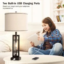 Set Of 2 Industrial 27.5 In. H Bronze Farmhouse Table Lamps With USB C+A Charge Ports Bedside Lamps W/White Fabric Shade -Lamp Parts bronze table lamps tzt3146 p370 c3 1000