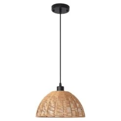 1-Light Brown Rattan Dome Single Pendant Light With Rattan Shade, No Bulbs Included