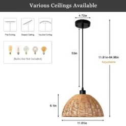 1-Light Brown Rattan Dome Single Pendant Light With Rattan Shade, No Bulbs Included -Lamp Parts brown adsensty pendant lights hd5 1 b d9010m 66 1000