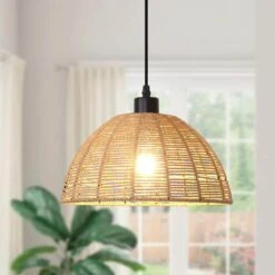 1-Light Brown Rattan Dome Single Pendant Light With Rattan Shade, No Bulbs Included -Lamp Parts brown adsensty pendant lights hd5 1 b d9010m a0 1000