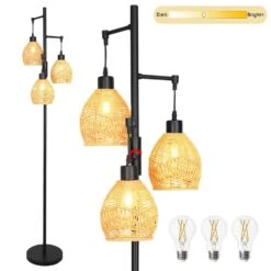 65.05 In. Brown Boho Rattan Dimmable Tree Standing Floor Lamps With 3 LED Edison Bulbs -Lamp Parts brown boho rattan uixe floor lamps ssl 62530 1 4f 1000