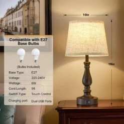 19 In. Brown Touch Table Lamp, 3-Way Dimmable Nightstand Lamps With Round Fabric Linen Lampshade For Living Room -Lamp Parts brown gtclighting table lamps w 2tl 98008h 1d 1000