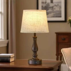 19 In. Brown Touch Table Lamp, 3-Way Dimmable Nightstand Lamps With Round Fabric Linen Lampshade For Living Room -Lamp Parts brown gtclighting table lamps w 2tl 98008h 4f 1000