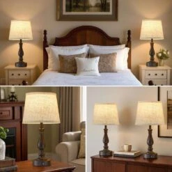 19 In. Brown Touch Table Lamp, 3-Way Dimmable Nightstand Lamps With Round Fabric Linen Lampshade For Living Room -Lamp Parts brown gtclighting table lamps w 2tl 98008h c3 1000