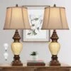 28 In. High Traditional Table Lamp Set Of 2 Vintage Bronze Bedside Lamps Faux Silk Bell Shades Lamp For Bedroom-Brown -Lamp Parts brown ltemziiy table lamps ts020 64 1000