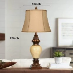 28 In. High Traditional Table Lamp Set Of 2 Vintage Bronze Bedside Lamps Faux Silk Bell Shades Lamp For Bedroom-Brown -Lamp Parts brown ltemziiy table lamps ts020 c3 1000