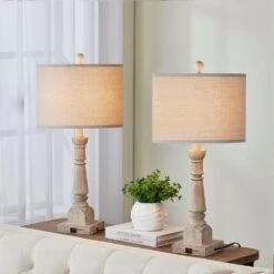 27 In. Brown Vintage Dimmable Resin Bedroom Living Room Bedside Desk Nightstand Table Lamps USB Port (Set Of 2) -Lamp Parts brown maxax table lamps t195 bn e1 1000