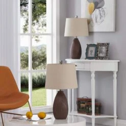 22 In. Brown Vintage Dimmable Ceramic Bedroom Living Room Bedside Desk Nightstand Table Lamps (Set Of 2) -Lamp Parts brown maxax table lamps t24 bn 1f 1000