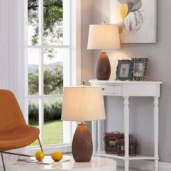 22 In. Brown Vintage Dimmable Ceramic Bedroom Living Room Bedside Desk Nightstand Table Lamps (Set Of 2) -Lamp Parts brown maxax table lamps t24 bn 44 1000