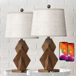 Salem 24 In. Brown Modern Dimmable Resin Bedroom Living Room Bedside Desk Nightstand Table Lamps Usb Port Set Of 2 -Lamp Parts brown maxax table lamps t243 wg 40 1000