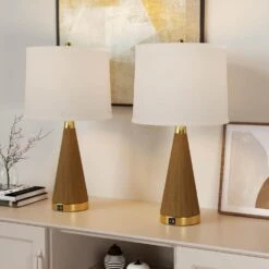 Salem 24.5 In. Brown Modern Dimmable Metal Bedroom Living Room Bedside Desk Table Lamps USB Port Set Of 2