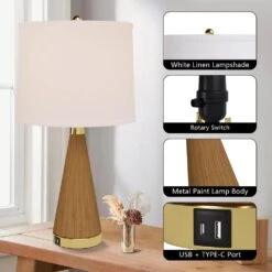 Salem 24.5 In. Brown Modern Dimmable Metal Bedroom Living Room Bedside Desk Table Lamps USB Port Set Of 2 -Lamp Parts brown maxax table lamps t244 wg 66 1000