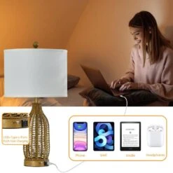 24.5 In. Brown Vintage Rattan Bedroom Living Room Bedside Desk Nightstand Table Lamps USB Port (Set Of 2) 13 24.5 In. Brown Vintage Rattan Bedroom Living Room Bedside Desk Nightstand Table Lamps USB Port (Set Of 2) -Lamp Parts brown maxax table lamps t259 wg 1f 1000