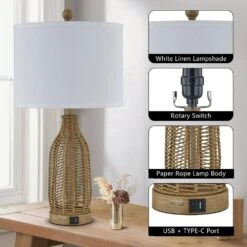 24.5 In. Brown Vintage Rattan Bedroom Living Room Bedside Desk Nightstand Table Lamps USB Port (Set Of 2) 12 24.5 In. Brown Vintage Rattan Bedroom Living Room Bedside Desk Nightstand Table Lamps USB Port (Set Of 2) -Lamp Parts brown maxax table lamps t259 wg 4f 1000