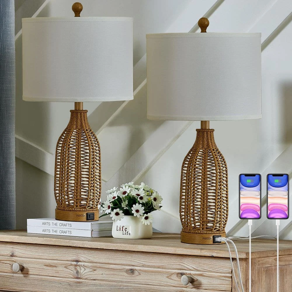 24.5 In. Brown Vintage Rattan Bedroom Living Room Bedside Desk Nightstand Table Lamps USB Port (Set Of 2) 3 24.5 In. Brown Vintage Rattan Bedroom Living Room Bedside Desk Nightstand Table Lamps USB Port (Set Of 2)
