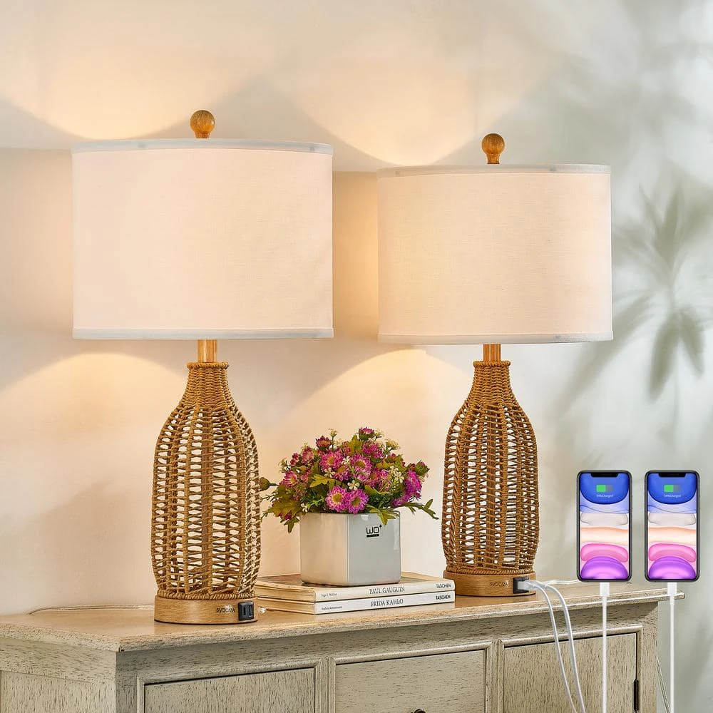 24.5 In. Brown Vintage Rattan Bedroom Living Room Bedside Desk Nightstand Table Lamps USB Port (Set Of 2) 4 24.5 In. Brown Vintage Rattan Bedroom Living Room Bedside Desk Nightstand Table Lamps USB Port (Set Of 2) - Image 2