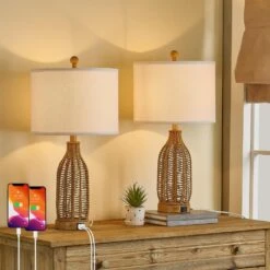 24.5 In. Brown Vintage Rattan Bedroom Living Room Bedside Desk Nightstand Table Lamps USB Port (Set Of 2) 15 24.5 In. Brown Vintage Rattan Bedroom Living Room Bedside Desk Nightstand Table Lamps USB Port (Set Of 2) -Lamp Parts brown maxax table lamps t259 wg fa 1000