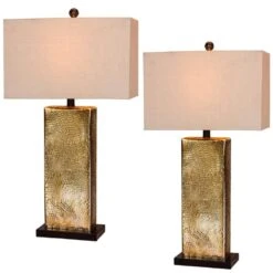 29.5 In. Hammertone Brown Mercury Glass And Antique Brass Metal Pillar Table Lamps