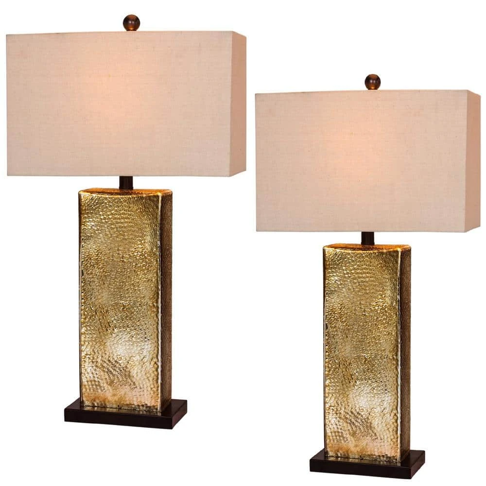 29.5 In. Hammertone Brown Mercury Glass And Antique Brass Metal Pillar Table Lamps 3 29.5 In. Hammertone Brown Mercury Glass And Antique Brass Metal Pillar Table Lamps