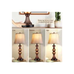 27 In. Brown Resin Table Lamps With 2 USB Ports, 3-Way Dimmable Bedside Lamps With Bell Faux Silk Shade -Lamp Parts brown resin rottogoon table lamps palp142az2 1d 1000