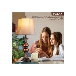 27 In. Brown Resin Table Lamps With 2 USB Ports, 3-Way Dimmable Bedside Lamps With Bell Faux Silk Shade -Lamp Parts brown resin rottogoon table lamps palp142az2 31 1000