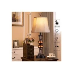 27 In. Brown Resin Table Lamps With 2 USB Ports, 3-Way Dimmable Bedside Lamps With Bell Faux Silk Shade -Lamp Parts brown resin rottogoon table lamps palp142az2 e1 1000