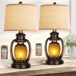 23.8 In. Brown Farmhouse Tabel Lamp (Set Of 2), Rustic Bedside Lamps Vintage Cottage Lamps With 2 USB Ports For Bedroom