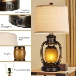 23.8 In. Brown Farmhouse Tabel Lamp (Set Of 2), Rustic Bedside Lamps Vintage Cottage Lamps With 2 USB Ports For Bedroom -Lamp Parts brown rottogoon table lamps hmlp143az2 66 1000
