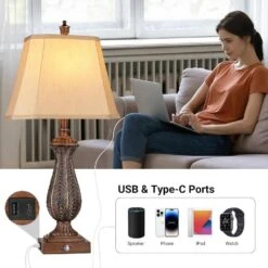 30 In. Brown Mermaid Farmhouse Table Lamps, Touch Bedroom Lamps With USB Ports 2-Bulbs Resin Rustic Lamp For Living Room -Lamp Parts brown rottogoon table lamps wtlp391az2 e1 1000