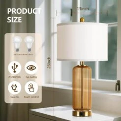 26'' Modern Brown Glass Table Lamps Set Of 2,3-Way Dimmable Bedside Lamps With USB A+C Ports& Touch Control For Bedroom -Lamp Parts brown rottogoon table lamps wtlp479ay2 1d 1000