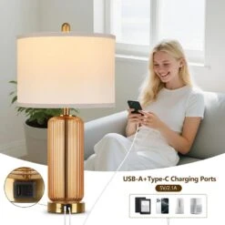 26'' Modern Brown Glass Table Lamps Set Of 2,3-Way Dimmable Bedside Lamps With USB A+C Ports& Touch Control For Bedroom -Lamp Parts brown rottogoon table lamps wtlp479ay2 31 1000
