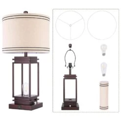 28 In. Brown Table Lamp Set ((Set Of 2)) Dimmable Farmhouse Table Lamps With Shape And USB Ports -Lamp Parts brown table lamps fxfgtdorbzs 4f 1000