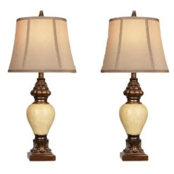 2-Pack 28 In. H Brown Table Lamp With Faux Silk Bell Shades And 2 LED Bulbs Vintage Bronze Bedside Lamps Nightstand Lamp