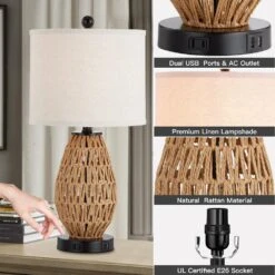 Adone 23 In. H Brown Touch Control Rattan Table Lamps With 2 USB Ports And AC Outlet -Lamp Parts brown table lamps td 72 4f 1000
