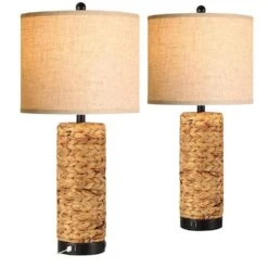 Set Of 2 25.5 In. H Brown Table Lamps For Bedroom 3 Way Dimmable Nightstand Lamps With 2 USB Ports And 1 AC Outlet