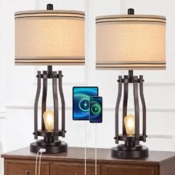 28 In. Brown Tall Table Lamps (Set Of 2) 2-Lights Bedside Nightstand Lamp With Shade -Lamp Parts brown table lamps yxfgtdorbzs 4f 1000