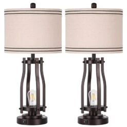 28 In. Brown Tall Table Lamps (Set Of 2) 2-Lights Bedside Nightstand Lamp With Shade