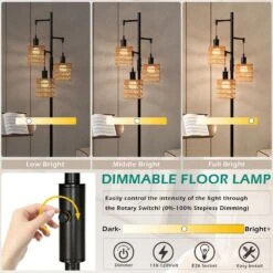 65.03 In. Brown Boho Rattan Dimmable Tree Standing Floor Lamps With 3 LED Edison Bulbs -Lamp Parts brown uixe floor lamps ssl 62531 1 1f 1000